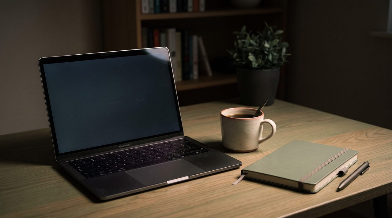 A desk in the evening: the laptop screen is the only light left in the room, next to a cold mug of coffee and a closed notebook.