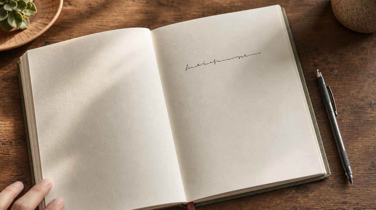 An open notebook on a wooden desk, almost entirely blank, with a single handwritten line near the top and a pen beside it.