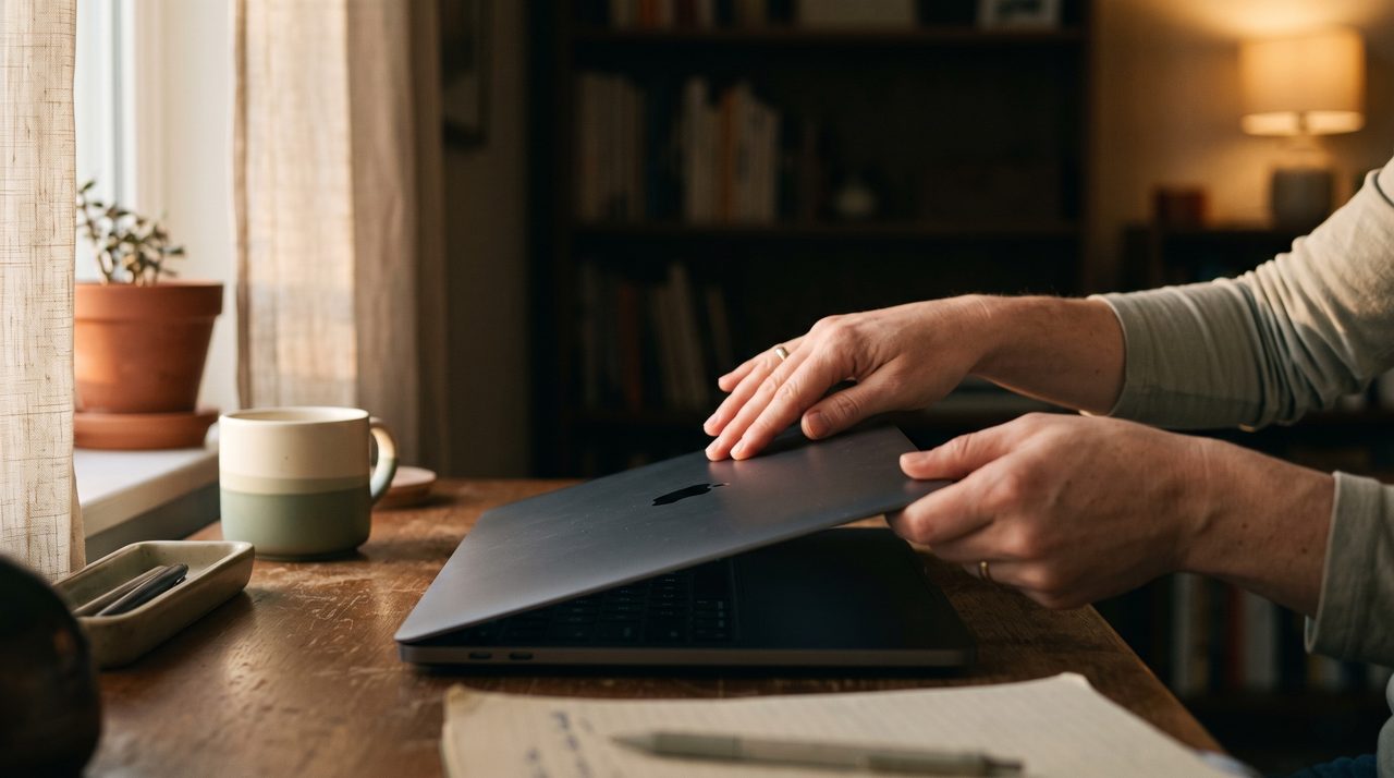 Two hands closing a laptop lid in the warm light of late afternoon, a bookshelf softly out of focus behind.