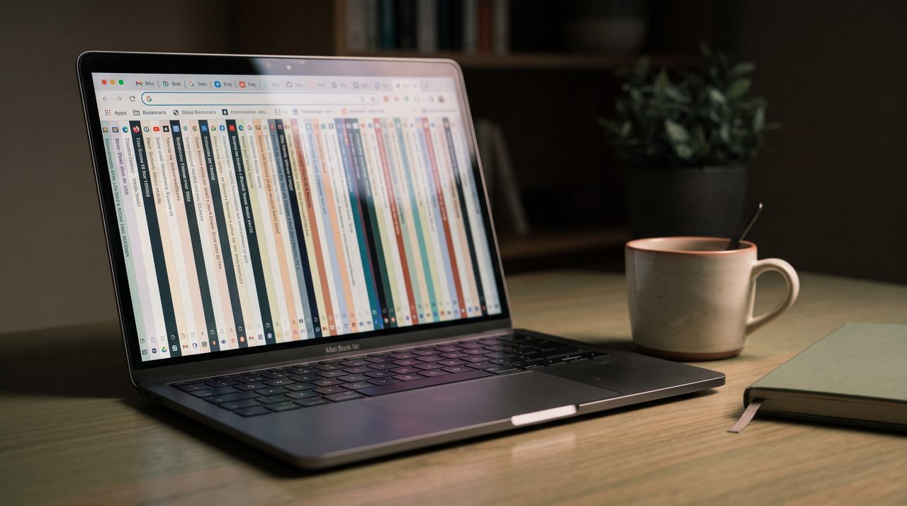 A laptop screen with far too many browser tabs crammed into one row, their titles too narrow to read.